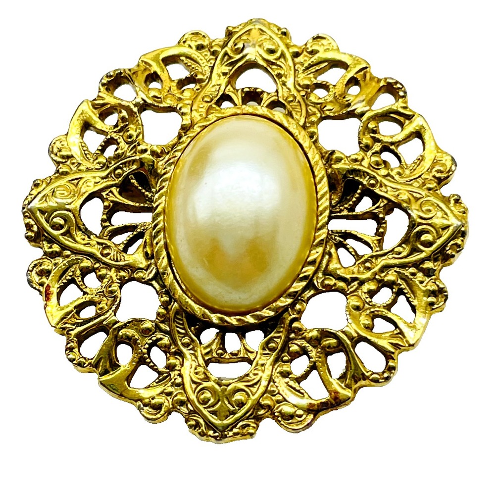 Vintage Gold Tone Filigree Brooch Faux Pearl Cabochon Ornate Statement Pin